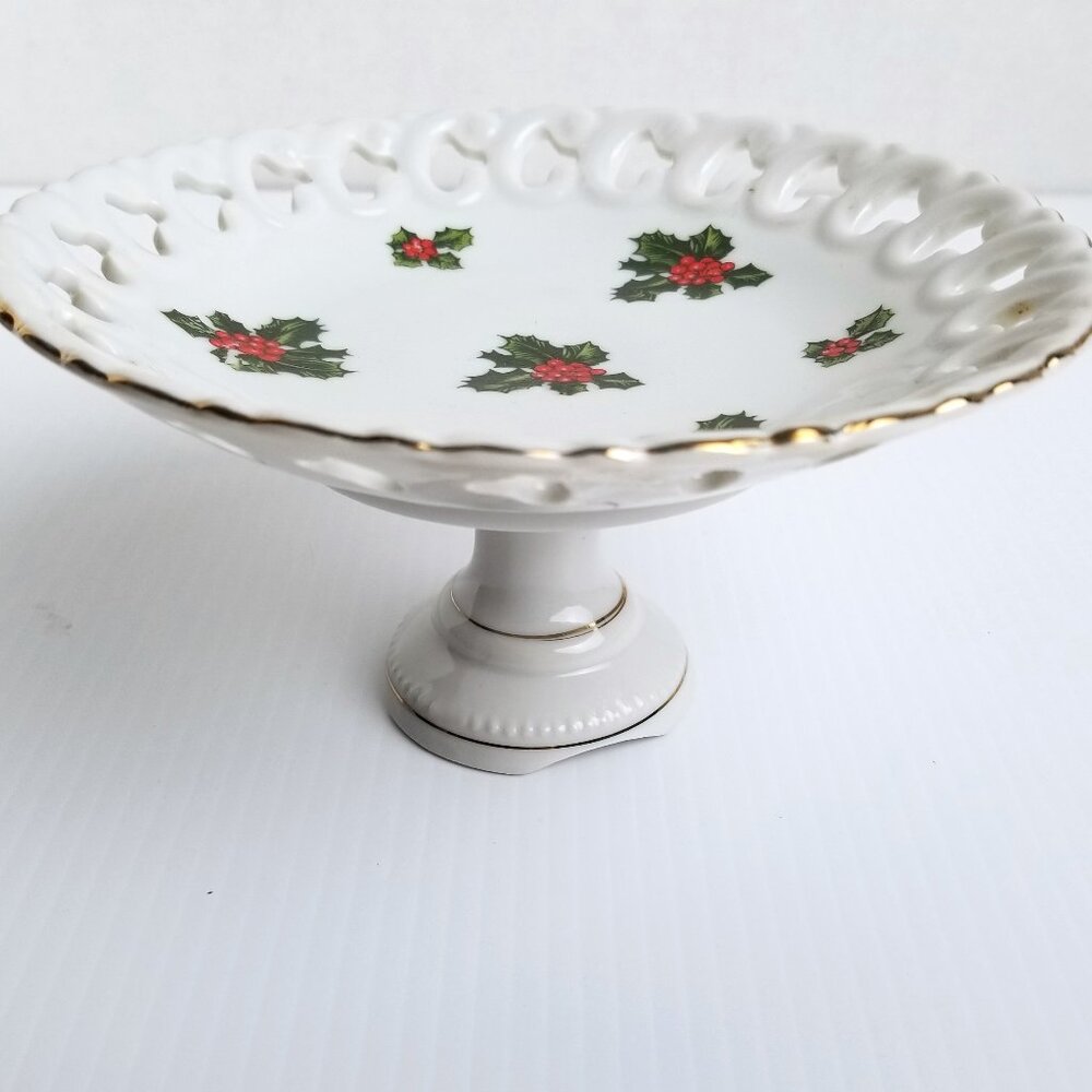 Vintage Lefton Holly Christmas Porcelain Compote Gold Trim Pedestal Japan 7956